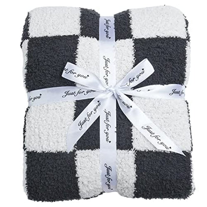 Ultra Soft Checkered Blanket Cozy Buffalo Check Throw Fluffy Knitted Reversible Throw Blanket Lightweight Fleece Checkerboard Grid Blanket for Sofa Couch Bed Travel, Classic Black, 51''x63'' - color: Classic Black