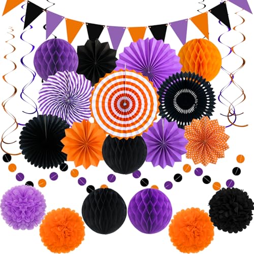 26 Pcs Halloween Party Decorations Kit, Paper Fans Pom Poms Banner 8-16 in - color: Purple