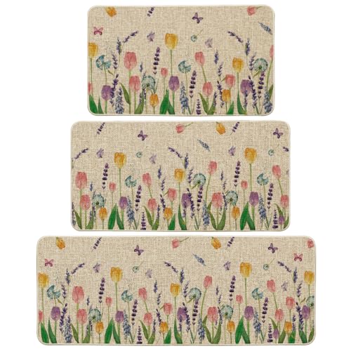 Artoid Mode Lavender Tulip Spring Kitchen Mats Set of 3, Seasonal Flower Summer Home Decor Low-Profile Kitchen Rugs for Floor - 17"x29"+17"x36"+17"x47" - size: 17"x29"/17"x36"/17"x47"
