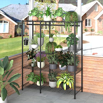 Xiofio 5-Tier Plant Stand for Indoor Outdoor, Large Reinforced Plant Shelf for Hanging Multiple Plants Plant Rack ,Adjustable Plant Stand Suitable for Bedroom Living Room Balcony Garden,Black