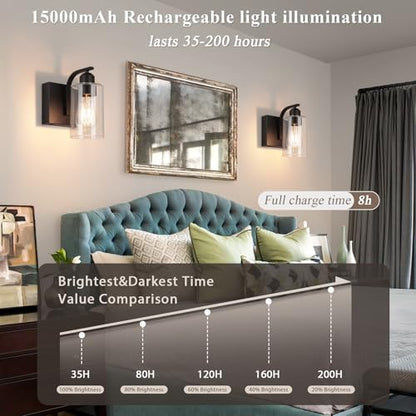 BELS 8 Inch Battery Operated Wall Sconces Set of 2, Farmhouse Wall Lights Fixture with Clear Glass, 4000K, Remote Control, Dimmable, Black Wall Sconces for Mirror, Bathroom, Bedroom - color: Black