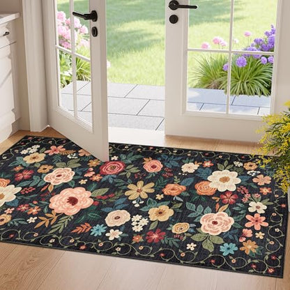 DUKINO 2x4 Entryway Rug, Floral Washable Kitchen Rugs Non Slip, Black - color: Black, size: 2' x 4' (Rectangular)