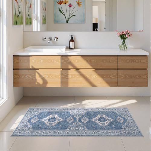 Seavish Vintage Blue Bathroom Runner Rug, 20x47 Inch Boho Bath Mat - color: Blue, size: 20 x 47 inch