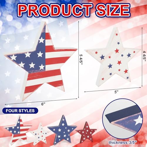 COCHIE 4th of July Decorations Wooden Star Set of 4, Labor Day Decor, Patriotic Memorial Day Tiered Tray Decor, Red White and Blue Veterans Day Decorations for Home Office Table Shelf (Retro) - color: Retro