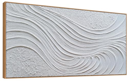 The Mode Art Abstract 3D Textured Wall Art White and Silver Gray Waves Canvas Print Modern Minimalist Framed Wall Decor for Living Room Bedroom Office 24x48inch - color: White and Gray, size: 48"L x 24"W