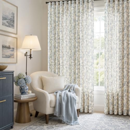 Lazzzy Extra Long Blue Floral Linen Curtains Farmhouse Rod Pocket 2 Panels - color: Blue on Beige, size: 50"W x 108"L (Pack of 2)