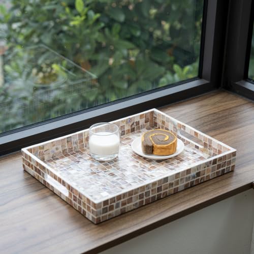 PEMAR Mother of Pearl Tray 15.7x11.8 Rectangle Handcrafted Serving Tray - color: Artisan Brown Mosaic