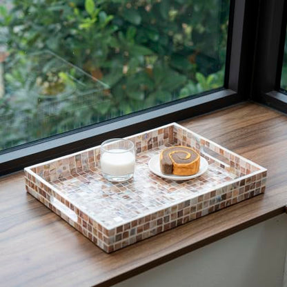 PEMAR Mother of Pearl Tray 15.7x11.8 Rectangle Handcrafted Serving Tray - color: Artisan Brown Mosaic