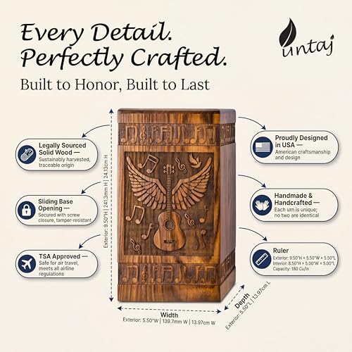 Guitar Wings Wooden Urn for Human Ashes, Large 180 Cu in, Rosewood - color: Rosewood, size: Large (180 Cu In, to 180 lb)