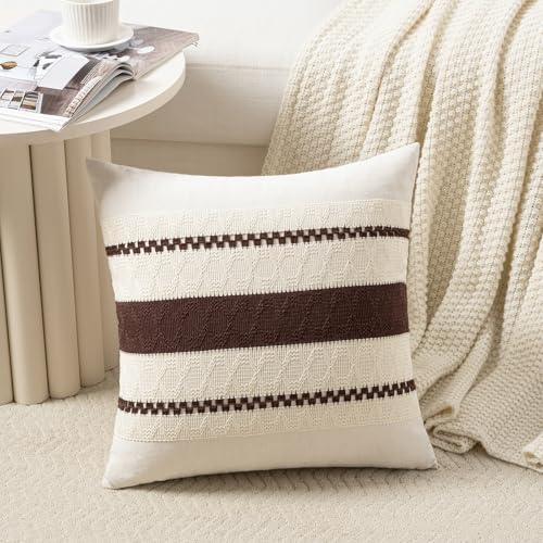 Fancy Homi Set of 2 Boho Brown Decorative Throw Pillow Cover 16x16 Inch for Couch Bed Sofa, Aesthetic Modern Organic Farmhouse Home Decor, Soft Cotton Cute Accent Macrame Woven Cushion Case - color: Brown, size: 16" x 16" (Pack of 2)