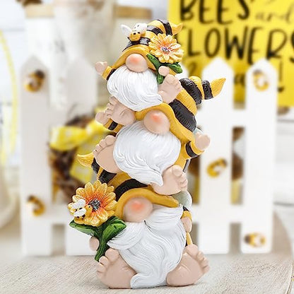 Hodao Stacked Bee Gnome Figurine Resin Sunflower Farmhouse Decor Indoor - style: Stacked Bee Gnome