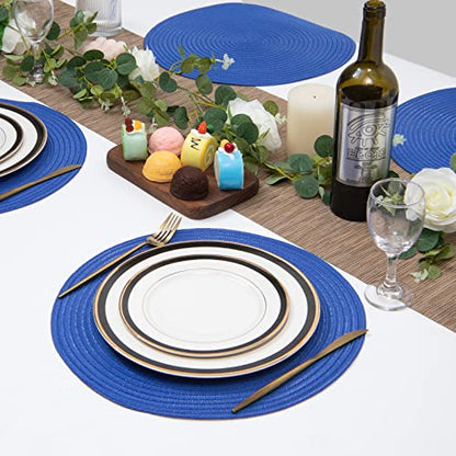 SHACOS Round Placemats Set of 6 Washable 15 inch Round Table Mats Cotton Polyester Woven Braided Place Mats for Dining Table (Blue, 6) - color: Blue, size: Set of 6