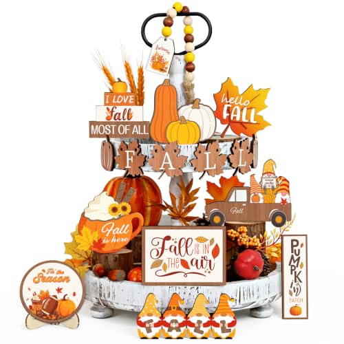 19pcs Fall Tiered Tray Decor- Fall Decorations Indoor Wooden Fall Decor Set with Wood Bead Pumpkin Gnome Truck Tabletop Centerpieces for Autumn Harvest Home Kitchen Table - color: Orange