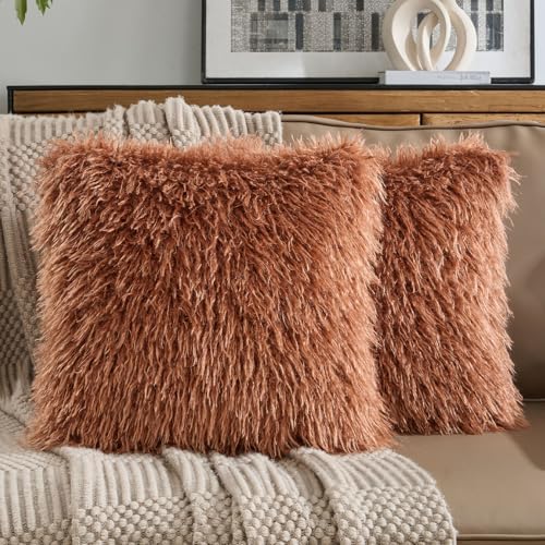 FUTEI Pack of 2 Faux Wool Throw Pillow Covers 18x18 Inch, Rust - color: Rust