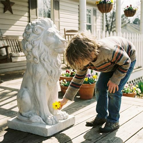 Lion Statue, Outdoor Garden Statues 27in Tall, White - color: White