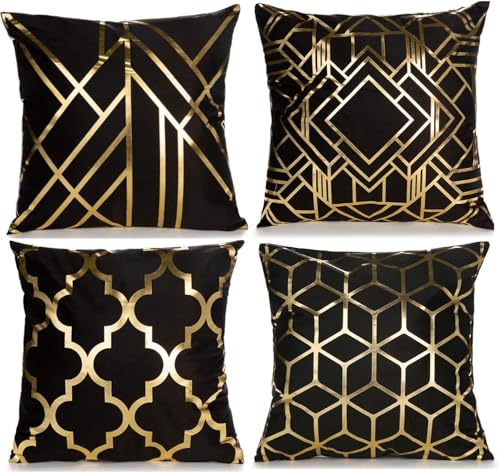 TAOSON Pack of 4, Black White and Gold Geometric Home Decorative Throw Pillow Covers Gold Foil Pillow Covers Square Cushion Covers Decor Couch Sofa Bedroom 18 ×18 Inch S01411 - color: S1411, size: 18" x 18" (Pack of 4)