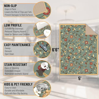 Ottomanson 5x7 Area Rugs for Living Room – Stain Resistant Bedroom Rug - color: Floral Seafoam Green