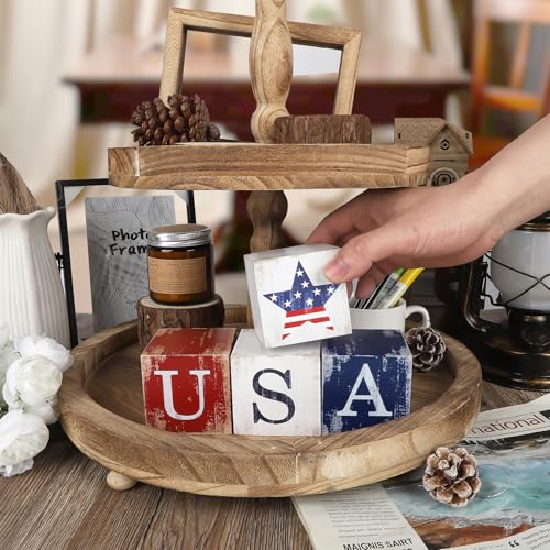 COCHIE 4th of July Decorations Wooden Stars, Patriotic Memorial Day Star Tiered Tray Decor Set of 4, Fourth of July Red White Blue Decoration for Home Office Table Shelf - style: USA HOME Sign