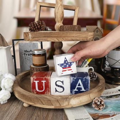 COCHIE 4th of July Decorations Wooden Stars, Patriotic Memorial Day Star Tiered Tray Decor Set of 4, Fourth of July Red White Blue Decoration for Home Office Table Shelf - style: USA HOME Sign
