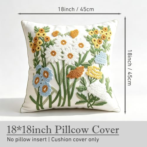 Green Daisy Floral Embroidered Spring Throw Pillow Cover 18"x18" Set of 2 - color: Floral Green