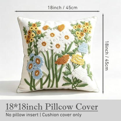 Green Daisy Floral Embroidered Spring Throw Pillow Cover 18"x18" Set of 2 - color: Floral Green