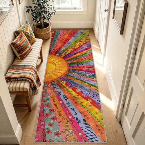Likiyol Sun Runner Rug Non Slip 2x7'3 Inspirational Kitchen Runner Rug, Soft Faux Wool Runners for Hallways, Low Pile Washable Rug for Kitchen, Bedroom, Laundry Room - size: 2' x 7'4" (Rectangular)
