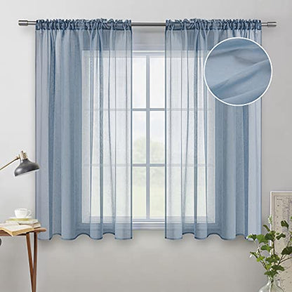 MIULEE Dusty Blue Linen Textured Semi-Sheer Curtains 54W×45L Kitchen - color: Dusty Blue, size: 54"W x 45"L (Pack of 2)