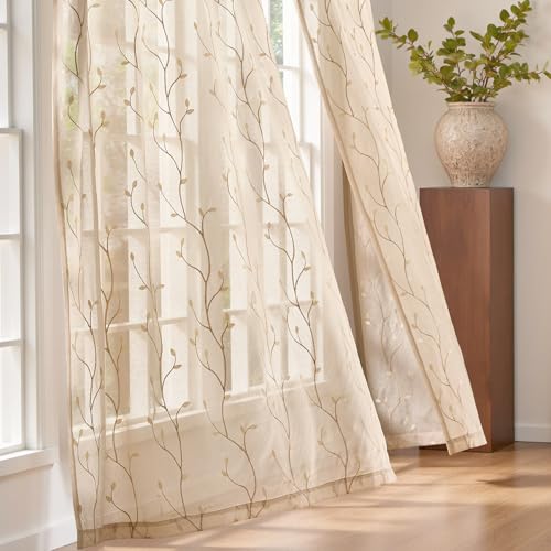 jinchan Beige Leaf Voile Embroidered Curtains 96 Inch Grommet Top 2 Panels - color: Vine Grommet Beige, size: 55"W x 96"L (Pack of 2)