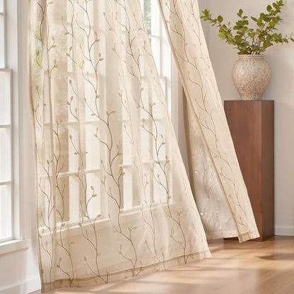jinchan Beige Leaf Voile Embroidered Curtains 96 Inch Grommet Top 2 Panels - color: Vine Grommet Beige, size: 55"W x 96"L (Pack of 2)