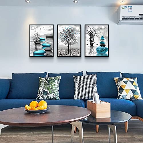 Black Framed Canvas Wall Art for Living Room Wall Decor for Bedroom Blue Abstract Wall Pictures Bathroom Black and White Paintings Office Decoration Modern Home Decor 3 Piece Framed Art Prints - color: Blue Stone Pictures Black Framed, size: 16x24inches*3