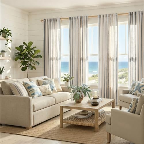 jinchan Light Filtering Striped Linen Curtains 84 Inches Long 2 Panels - color: Blue, size: 50"W x 84"L (Pack of 2)
