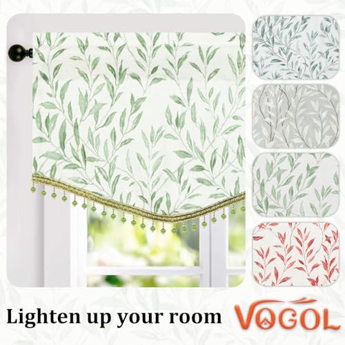 VOGOL Leaf Print Scalloped Window Valance, Beaded Trim, Green, 52 x 16 - color: Green, size: 52"W x 16"L (Pack of 1)