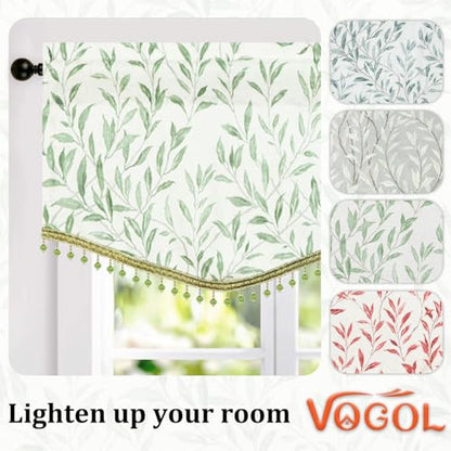 VOGOL Leaf Print Scalloped Window Valance, Beaded Trim, Green, 52 x 16 - color: Green, size: 52"W x 16"L (Pack of 1)