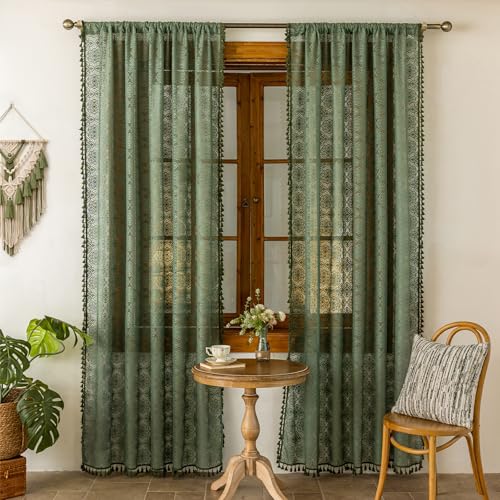 Sheer Boho Lace Curtains 84 Inches Long, Olive Green, Set of 2 Panels - color: Olive Green, size: 59"W x 84"L (Pack of 2)