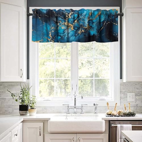 Dark Blue Marble Valance, Luxury Abstract Navy Blue Black Golden Marble Texture Print Blackout Valance Curtain for Kitchen Cafe Bedroom Living Room, 54x18inch - color: Marble-10