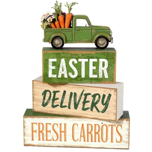 Easter Decorations - Easter Truck Tiered Tray Decor Set - Wooden Farm Fresh Carrots Tabletop Decoration - Rustic Farmhouse Spring Home Decor Indoor for Tiered Tray Shelf Mantel Coffee Table Gift - Spring Home Decor for Living Room, Kitchen Counter - style