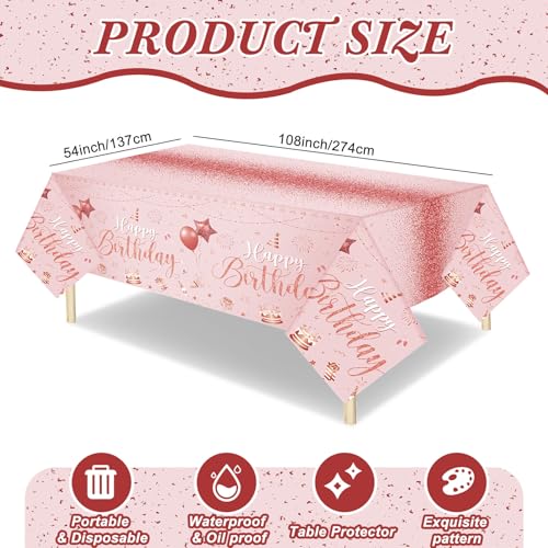 Tudomro 3 Pcs Plastic Happy Birthday Party Tablecloths,Pink Rose Gold - color: Pink Rose Gold