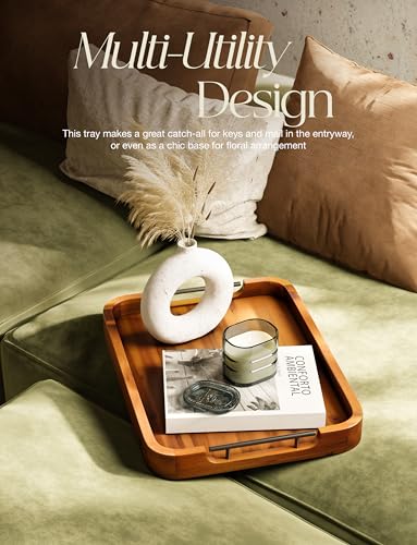 TIDITA 17"x13" Rectangular Wooden Serving Tray, Metal Handles Ottoman Tray - color: Acacia Color, size: 17" x 13" x 2"