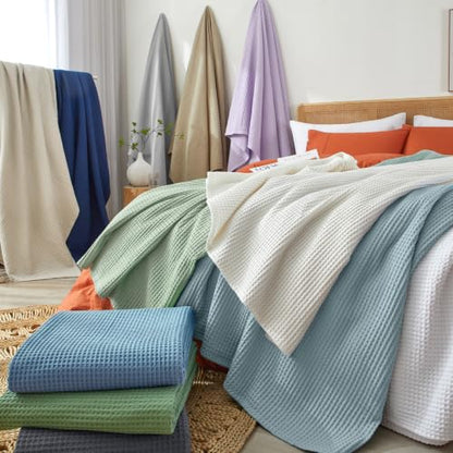 PHF 100% Cotton Waffle Blanket Lightweight Breathable, Queen, Dusty Blue - color: Dusty Blue, size: Queen(90" x 90")