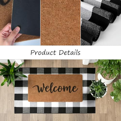 2-Piece Front Door Mat Set, Coir Welcome Mat & Black White Plaid Mat - color: Black and White
