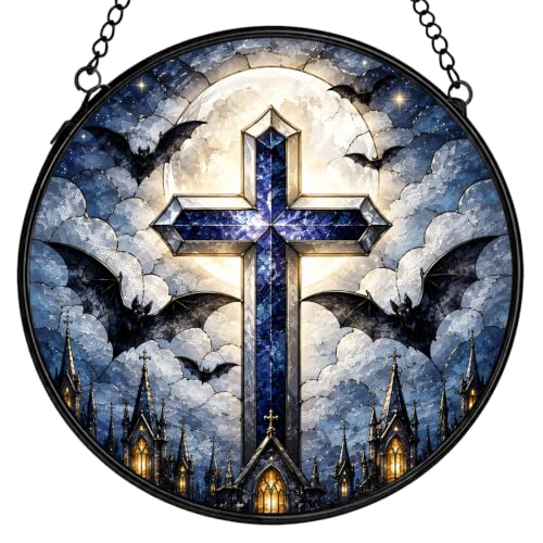 Gothic Cross Bat Moon Stained Glass Window Hanging Decor 575XT-BLGH - color: Crucifix-12