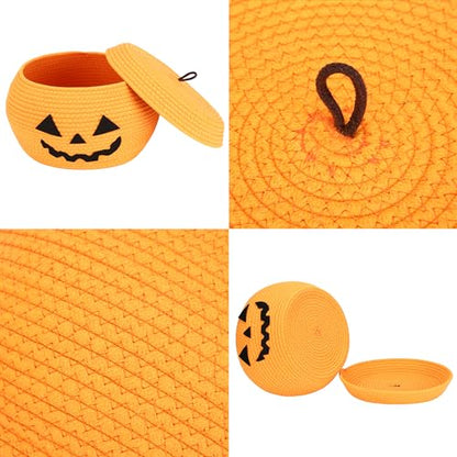 Sea Team Round Woven Cotton Rope Storage Basket with Lid, Halloween - color: Halloween, size: Small