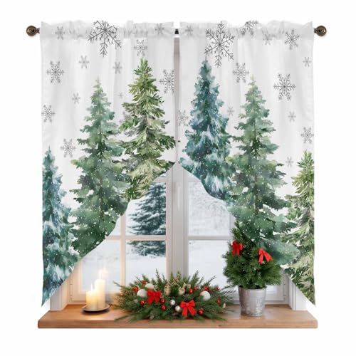 Christmas Tree Swag Valances Winter Gray Snowflakes Kitchen Curtains 36 Inches Length,Green Xmas Pine Forest Tier Drapes Swag Topper,White Short Window Treatments for Small Windows 2 Panels 28"x36" - color: White Green, size: 28"W x 36"L (Pack of 2)
