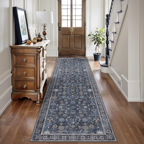 Tangsoo 2.6x12 Washable Long Runner Rug for Hallway Non Slip - color: Distressed Blue Black, size: 2'6" X 12' (Runner)