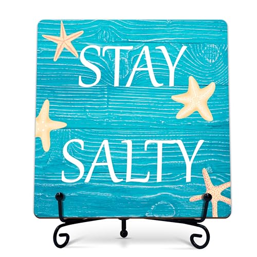 Summer Desk Decor, Beach Wooden Sign, Stay Salty Wood Decor with Stand, Summer Decorations for Home Office Beach Theme House, Gifts for Her Friends Women Coworker - B14 - style: Stay Salty