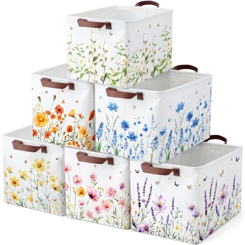 Fourluoo 6 Pack Floral Storage Basket with Handles Clothes Storage Basket Bin Foldable Box Bins Organizer for Closet Shelf Nursery Kid Room Book Toy Chest(6,Flower) - color: Flower, size: 15 L X 9.8 W X 10.2 H