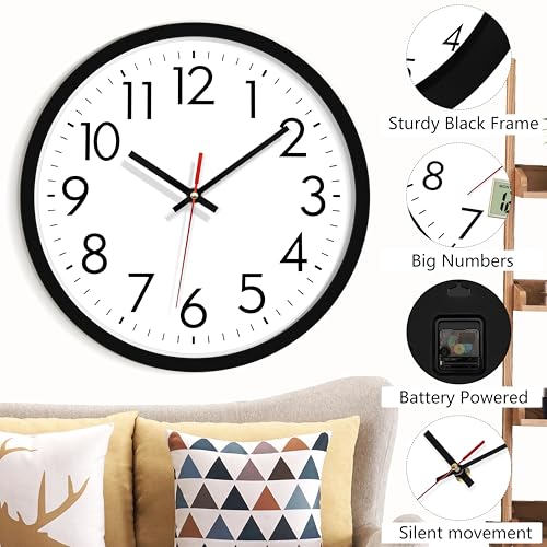 Lumuasky Wall Clock Silent Non-Ticking 12 Inch Quartz Battery Operated Round Analog Wall Clock with Easy to Read Large Numbers for Classroom,School, Office, Living Room, Bedroom,Kitchen - color: Red Second, size: 12 Inch