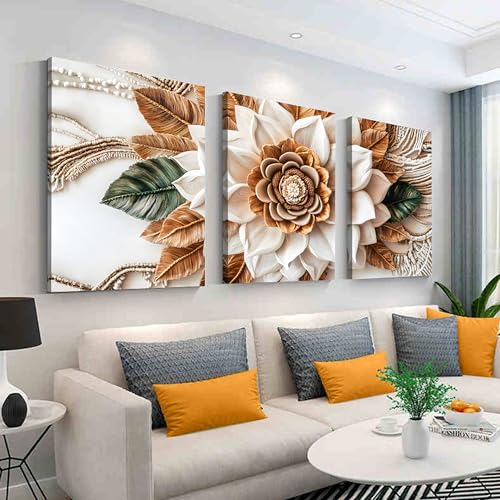 Tarfupth Boho Flower Canvas Wall Art for Bathroom White and Brown Botanical Canvas Prints Neutral Floral Wall Decor for Living Room Bedroom Office Home Decor Ready to Hang 16"x24"x3 Panels - size: 16L"x 24W" x 3
