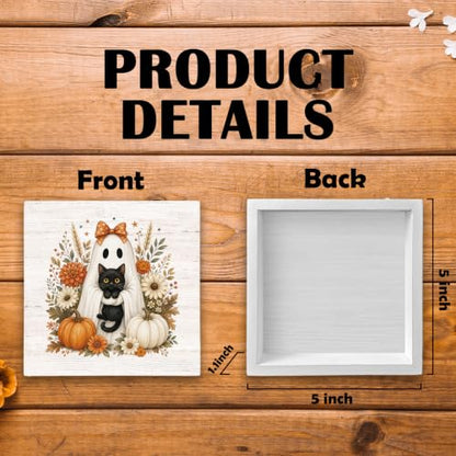 Halloween Fall Ghost Black Cat Pumpkin Wood Box Sign Desk Decor 5X5 - color: Ghost