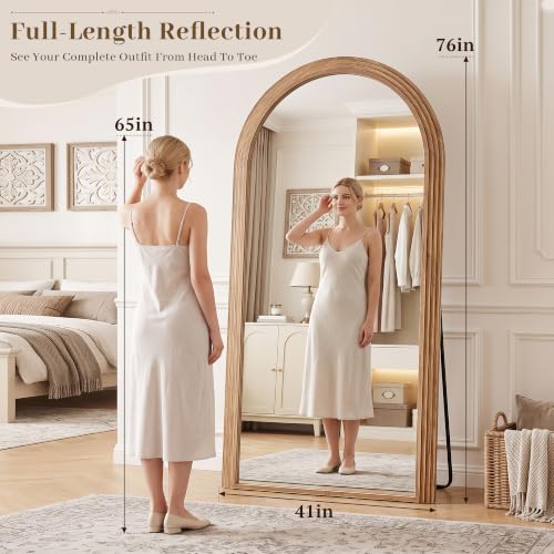 76"x41" Arched Full Length Mirror with Wide Wood Frame,Natural Wood - color: Natural Wood, size: 76"L x 41"W